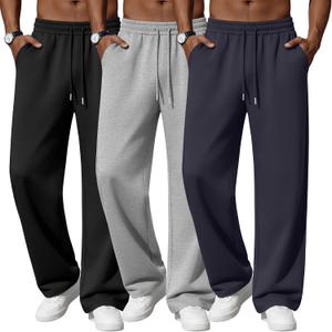 Neer 3 Pack Men's Lounge Pants Lightweight Open Bottom Baggy Sweatpants Casual Drawstring Joggers with 3 Pockets for Leisure (S)