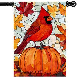 Fall Cardinal Bird Pumpkin House Flag 28x40 Double Sided Large Stained Glass Burlap Yard Flag Maple Leaves Welcome Autumn Thanksgiving Holiday Outside Decorations