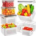 4 Pack Fruit Storage Containers for Fridge with Removable Colanders, Airtight Produce Vegetable Berry Containers for Fridge, All-In-One Food Storage Containers for Washing, Draining, Freshness (Mini, transparent)