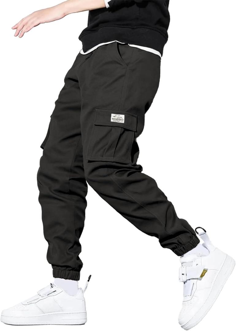 HOTake Men's Casual Cargo Pants Elastic Waist Drawstring Tapered Pants for Men Joggers Hiking Pants with Multi Pockets (Black). S Size