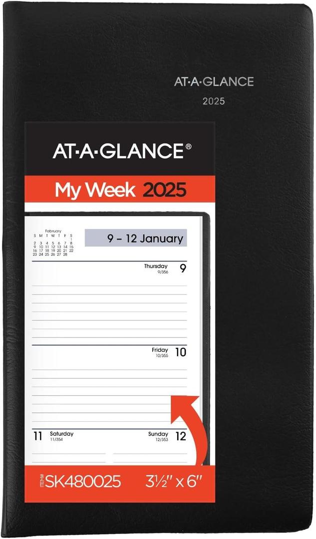 AT-A-GLANCE 2025 Planner, Weekly, 3-1/2" x 6", Pocket Size, Open Scheduling, DayMinder, Black (SK480025)