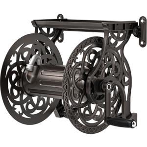 Garden Hose Reel Wall Mount Metal, Holds 135 ft x 5/8" Decorative Water Hose Holder for Outside Storage, Heavy Duty Aluminum Frame w/Shelf, No-Leak Aluminum Water System, Easy Assmbly, Dark Bronze
