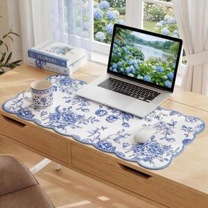 Kingdder Scalloped Desk Mat Large Blue and White Floral Chinoiserie Mouse Pad 31.5" x 15.7" Aesthetic Vintage Nonslip Rubber Base Keyboard Pad for Laptop Computer Dorm Home Office Gaming