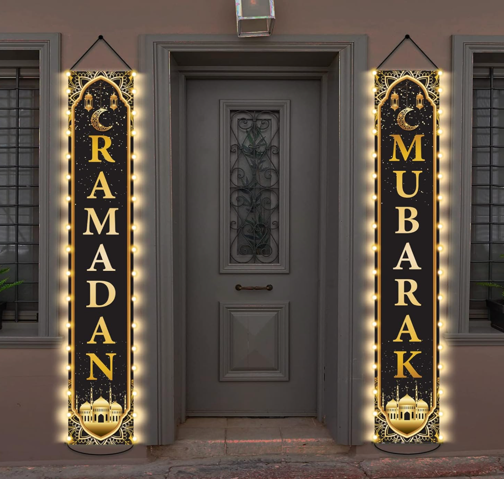 Eid Mubarak Door Banners Lighted Decorations Eid AlAdha Porch Sign with LED Light Decorations Black Gold Moon Lantern Door Sign Hanging Banner for Eid AlAdha Party Outside Lighted Decor