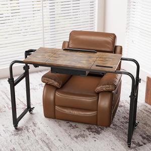 GiftGo Overbed Table with Wheels Rolling Laptop Desk Cart Table Height and Length Adjustable for Hospital and Home Use Over The Bed Table with Storage Drawer and Cup Holder (Rustic Brown, 31.5 to 47)