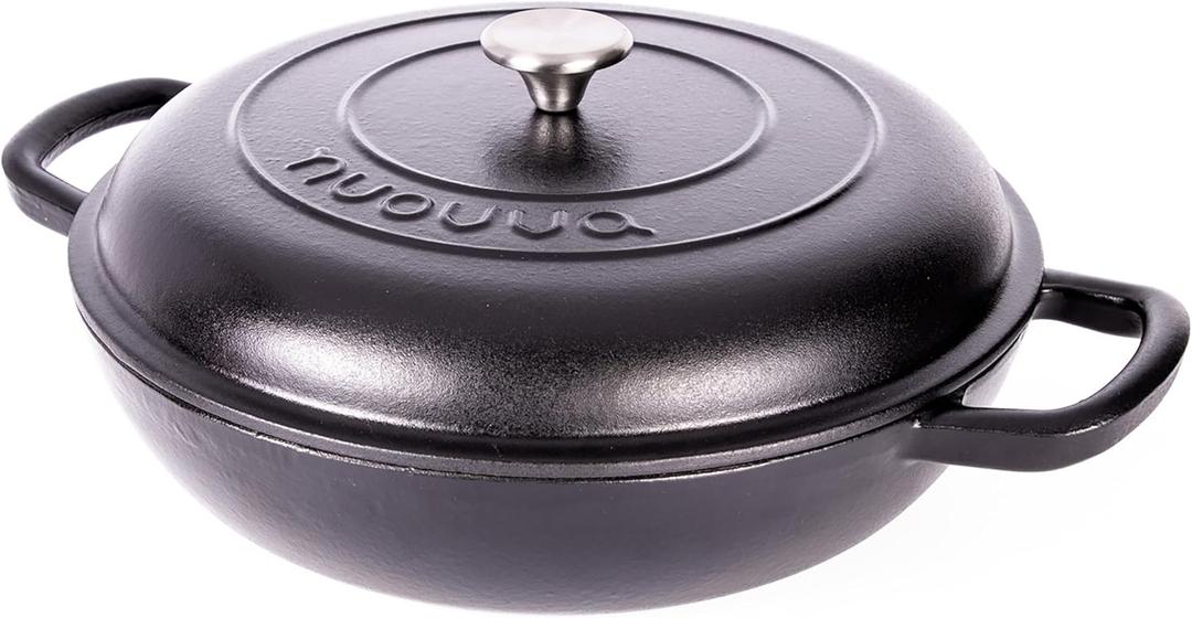 Shallow Cast Iron Casserole with Lid  Non Stick Dutch Oven Pot, Oven Safe up to 500 F  Sturdy Ovenproof Stockpot Cookware  Enamelled Cooking Pot  Black, 5-Quart, 32cm  by Nuovva