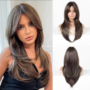 Esmee Long Straight Mixed Brown Wig with Curtain Bangs Layered Synthetic Hair Wigs for Women for Daily Party Use