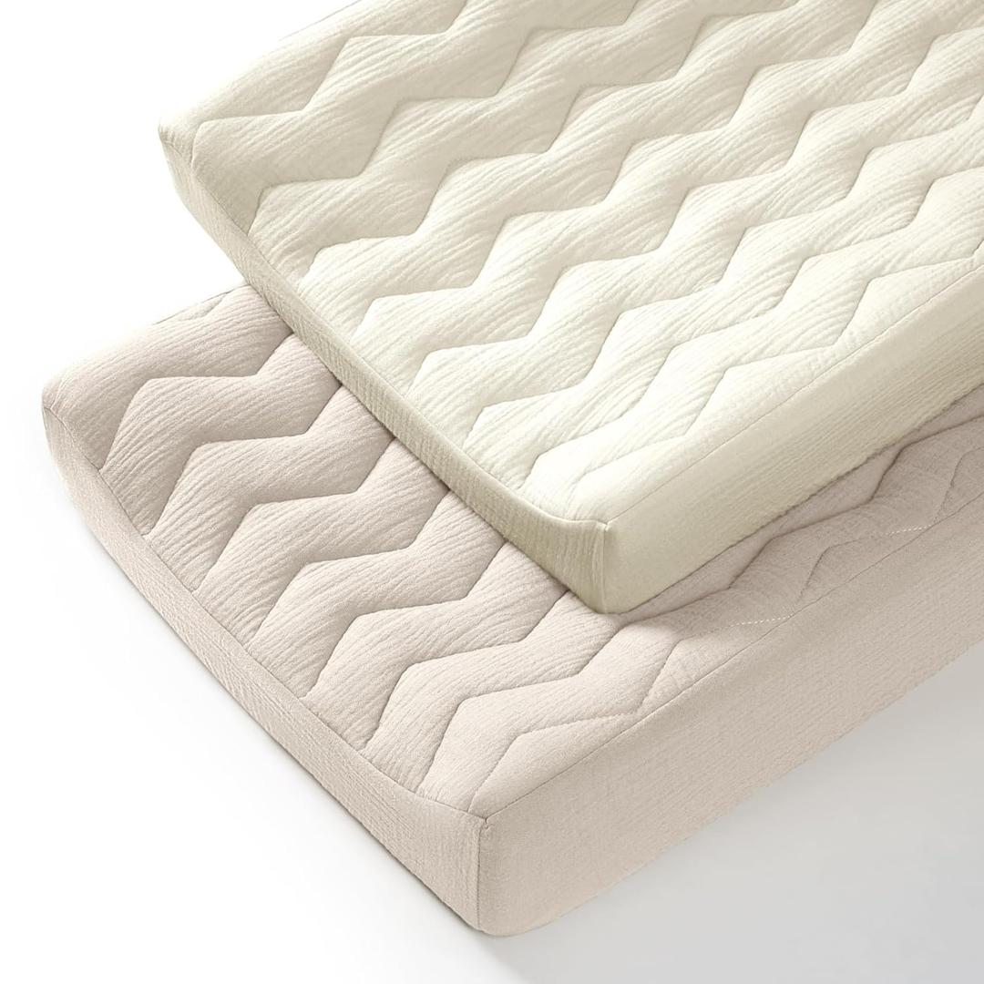 lulumoon Muslin Changing Pad Cover: Baby Cotton Quilted Changing Table Cover - Soft Changing Pad Sheets for Boys Girls (White & Cream)