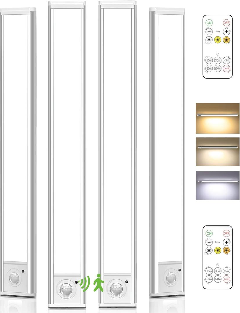 4Pack 16inch Under Cabinet Lighting, Rechargeable Motion Sensor Light Wireless Indoor, Dimmable 3 Color Temps Closet Lights, Under Counter LED Lights for Kitchen, Stairs