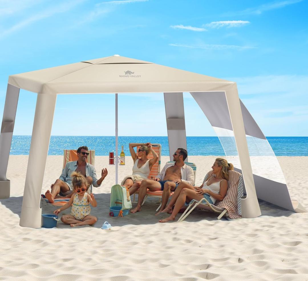 Rhino Valley Beach Cabana, 8  8FT Foldable Beach Tent with Cup Holder, Beach Canopy Easy Setup with UPF50+ Protection, Windproof Stable Beach Tent, Portable Beach Cabana Tent for Beach Camping (Khaki)