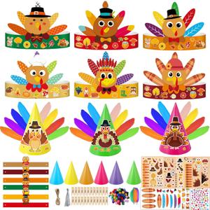 Hiawbon 30PCS Thanksgiving Turkey Craft Kits, DIY Turkey Headbands Craft Kits, Thanksgiving Turkey Hats, Fall Decoration Supplies for Thanksgiving Home
