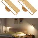 Battery Operated Wall Sconces Set of 2,Rechargeable Wall Lights Wood,Stick On Wall Lights for Bedroom,Wall Mounted Bedside Reading Lamps Dimmable,Battery Powered Wall Lamp for Bedroom