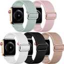 Easuny 5 Pack Stretchy Bands Compatible with Apple Watch 38mm 40mm 41mm 42mm 44mm 45mm 46mm Women, Elastic Fabric Nylon Strap Wristband for iWatch SE 3 2 1 Series 11 10 9 8 7 6 5 4 3 Boho Solo Loop (B6:Light Green/Pink/White/Black/Dark Pink)