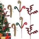 Chiisong 6 Pcs Christmas Tree Decorations Picks 12 Inch Christmas Woolen Bells Candy Curly Pick Xmas Tree Topper Ornaments for Home Office Party Supplies(Red Green)