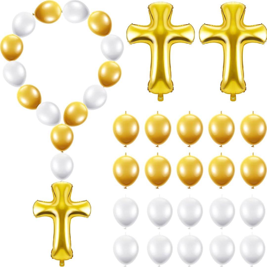 Deekin 102 Pieces 12 Inch Latex Link Balloons and 34 Inch Gold Cross Balloon Needle Tail Quick Connect Jumbo Baptism Foil Party for First Communion Baby Shower Decoration