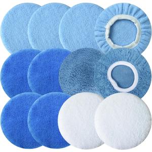 Boltigen 12pcs 5-6 inch Polishing Pad Bonnets 12Pack 4 Color 5 to 6'' Orbital Polishing Pad Microfiber Coral Fleece Bonnet Car Buffer Polisher Waxing Covers for Automobile Glass Cleaning and Polish