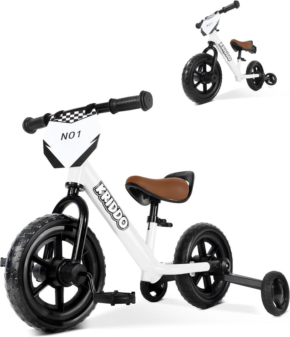 KRIDDO 2-in-1 Kids Tricycle and Toddler Balance Bike 2 Year Old, Detachable Pedals and Stowable Training Wheels, DIY Plate, Riding Trikes Toy for Ages 18 Months to 3 Years, White