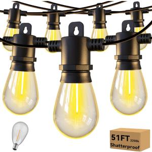 Aialun 51ft 2200K Led Outdoor String Lights, Waterproof Outside String Lights with 16 S14 Shatterproof Plastic Edison Bulbs, Exterior Decorative Warm Hanging Lights for Yard, Porch and Deck