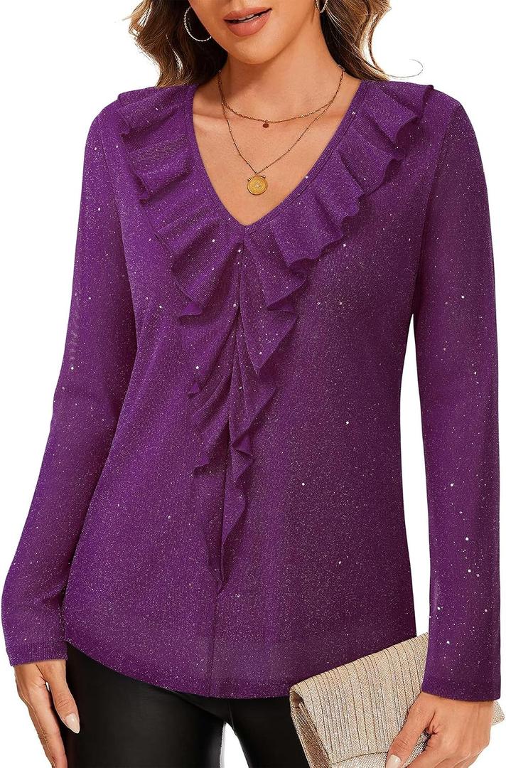 Gaharu Women's Dressy Blouses Long Sleeve Ruffle Shirts Casual Loose Fit Mesh Double Layers Flowy Tunic Tops (Purple)
