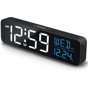 Peakeep Large Display Digital Alarm Clock for Bedrooms, Date Day of Week Calendar Desk Table Clocks for Living Room Office, Dimmable Plug in Electric Clock, 5 Volumes, Loud, Auto DST