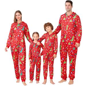 ANGELGGH Family Matching Christmas Onesie Pajamas, Vacation Cute Printed One Piece Pajamas, Xmas Hooded Holiday Sleepwear (Red, L)