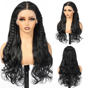 Black Braided Long Curly Wig, 13x4 Lace Front Synthetic Wig with Baby Hair, Natural-Looking Heat Resistant Hair for Daily Use 22IN (#1)