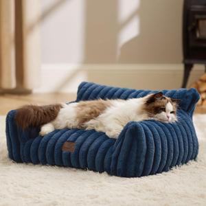 Bedsure ComfyFleece Cute Cat Couch for Pets - As Seen on TV on Good Day New York, Fuzzy Cats beds for Indoor Cats with Removable Washable Cover, Supportive Pet Sofa, 24inch, Night Blue (24x18x10")