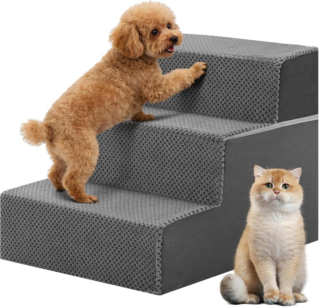 DUMOS Dog Stairs for Small and Medium Dogs, 3-Step Pet Steps with High-Density Foam, Indoor Non-Slip Pet Ramp for Puppy and Older Dogs Cats, Dog Bed Stairs for Couch and Sofa, Grey