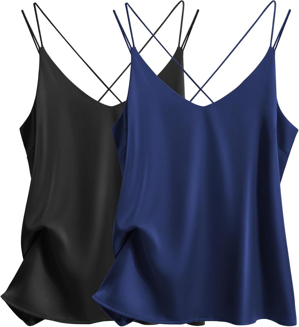 Ekouaer Women's Silk Satin Camisole Tank Tops V Neck Spaghetti Strap Blouses Cross Back Sleeveless Cami Shirt (Medium, Black+navy Blue)