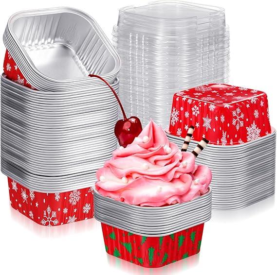 Christmas Aluminum Cups Foil Cupcake Container  Xmas Square Foil Pan Holder Mini Disposable Ramekins Cake for Xmas Party(Christmas Tree)