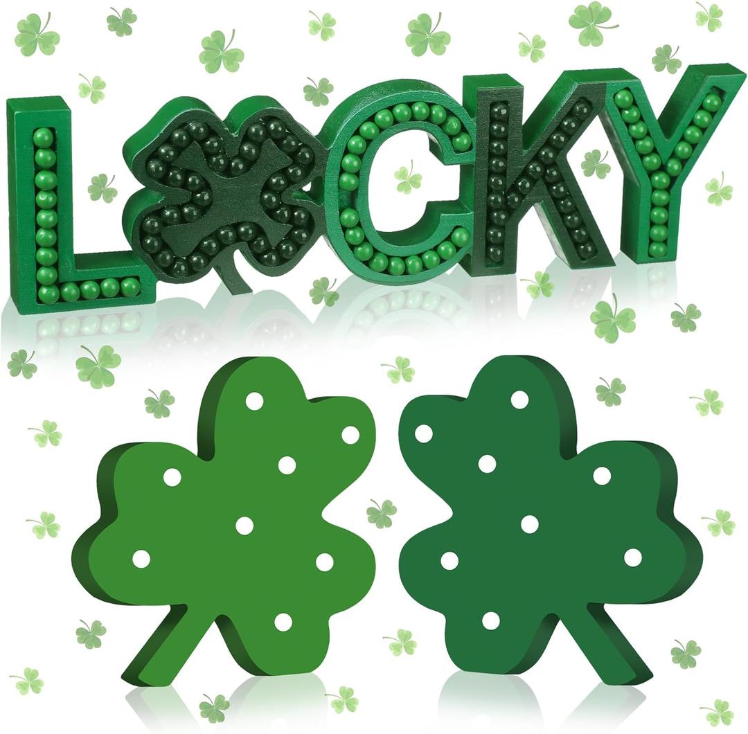 Yerliker 3 Pcs St. Patricks Day Decorations Wooden Shamrock Table Decoration Lucky Letters Beaded Table Centerpiece Green Lucky Shamrock wood Sign for Irish Home Kitchen Office Mantel Decor