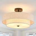 Modern Semi Flush Mount Ceiling Light 18" Modern 3-Lights Black Drum Ceiling Lighting Fixture with Linen Shade Vintage Ceiling Lamp for Kitchen, Basement, Laundry Room, Bedroom