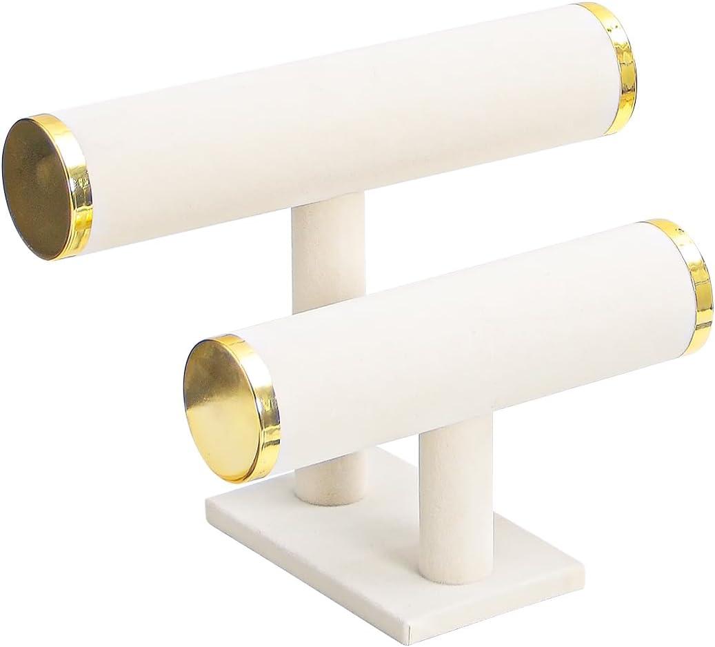 2 Tier Bracelet Holder Stand, Bangle Watches Display, Velvet Bracelet Jewelry Storage Organizer Rack, Hairband Scrunchie Show Tower Shop Selling or Home Use (Beige)