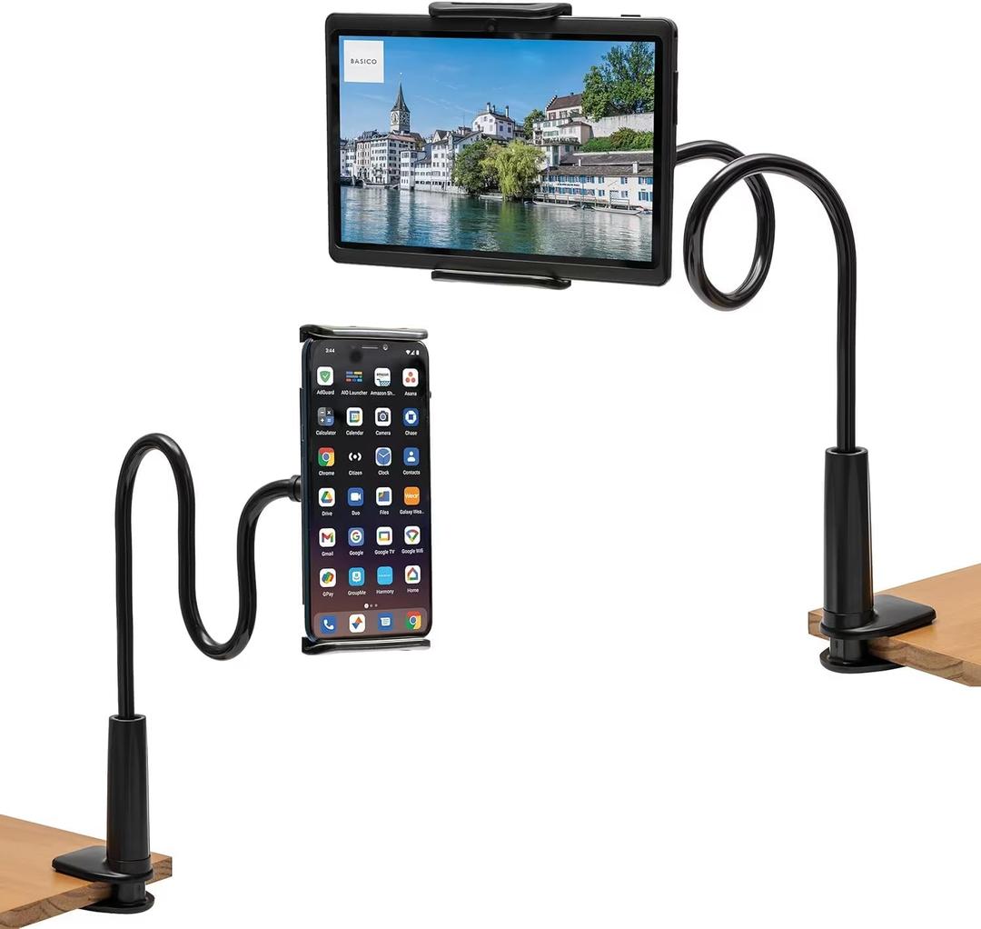 Gooseneck Tablet Holder,Adjustable Tablet Holder Mount,Cell Phone Holder,Cell Phone Stand,Tablet Stand,Long Arm Bed Desk Bracket for cell phones and tablets 4-11 Inches Device (Black)