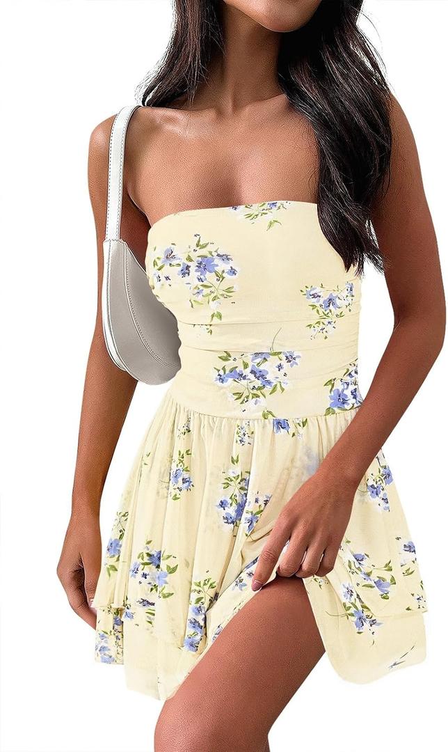 MEROKEETY Women's Summer Floral Strapless Tube Dress Boho Off Shoulder Ruffle Tiered Mini Sundress (Beige, L)