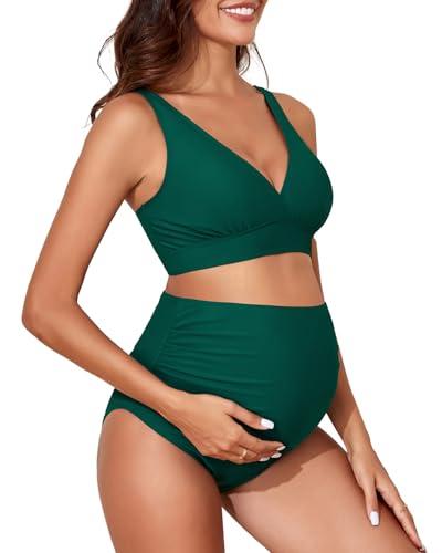 Maternity Swimsuit Bikini Set High Waisted Pregnancy Bathing Suits V Neck Push Up Two Piece Swimwear Green Medium