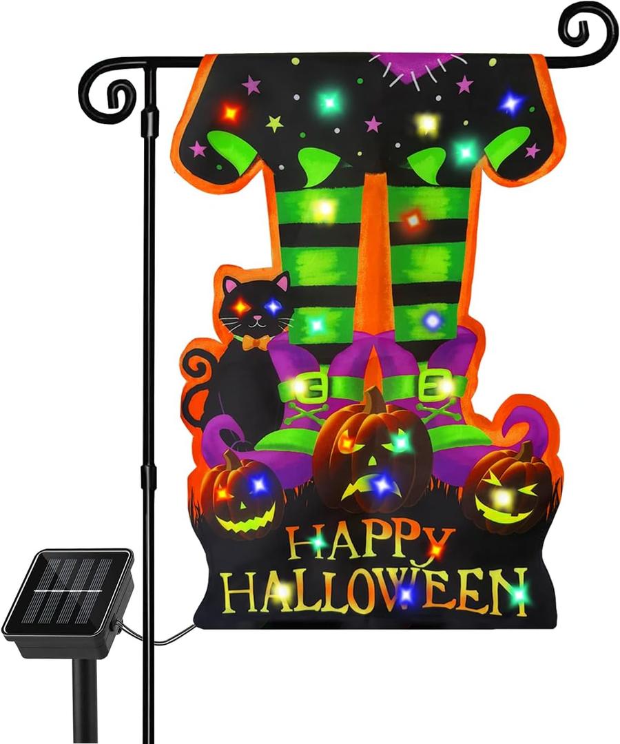 Halloween Lighted Garden Flag Porch 8 Modes Multi Colored 12" x 18 ", Happy Halloween Led Solar Yard Flag Witch Feet Pumpkin Shape Flag Double Sided Black Cat Decorations for garden