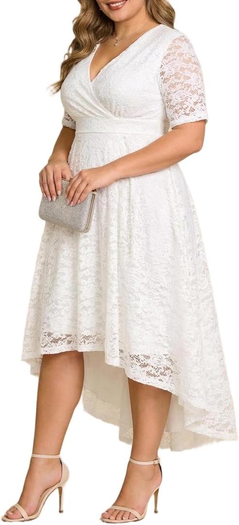 Plus Size Wedding Guest Dress - Lace Cocktail Formal Faux Wrap V Neck High Low Short Sleeve Party Maxi Dresses (White)
