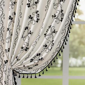 F-CHU Vintage Floral Curtains Bohemian Drapes 72 Inch Length Cotton Linen Boho Window Curtain with Tassel Rod Pocket Bedroom Macrame Drapes Flower Curtains, 2 Panel 55" W x 72" L Black Curtains