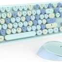 Wireless Keyboard and Mice Combo,Retro Round Keys Full-Sized Cute Keyboard, 2.4Ghz Dropout-Free Connection and Optical Mouse for Windows, Mac, PC, Laptop, Desktop (Blue-Colorful)