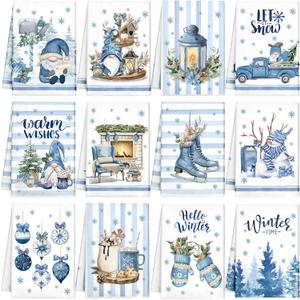 VitalCozy 12 Pcs Blue Christmas Kitchen Towels Hello Winter Dishcloths Snowman Gnomes Snowflake Tea Christmas Hand Dish Towels Let Snow Decoration for Baking Holiday Bathroom Xmas Home Gift Supplies