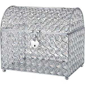 MDLUU Wedding Card Holder Box, Treasure Chest Wedding Money Box with Heart Shaped Lock, Crystal Bead Card Receiving Box for Wedding, Birthday, Graduation (Silver)