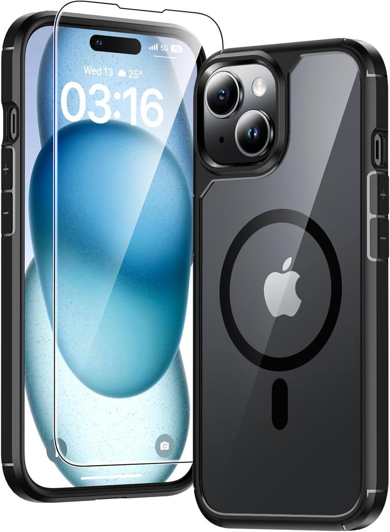 TAURI for iPhone 15 Case, Compatible with MagSafe [Anti-Yellowing] with Screen Protectors, Military-Grade Protection, Shockproof Slim Magnetic Phone Case for iPhone 15 6.1", Black