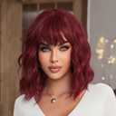 Red Wig with Bangs Short Wavy Wigs for Women Wine Red Curly Shoulder Length Bob Wig Synthetic fiber Wigs for Daily Party Use14 Inch