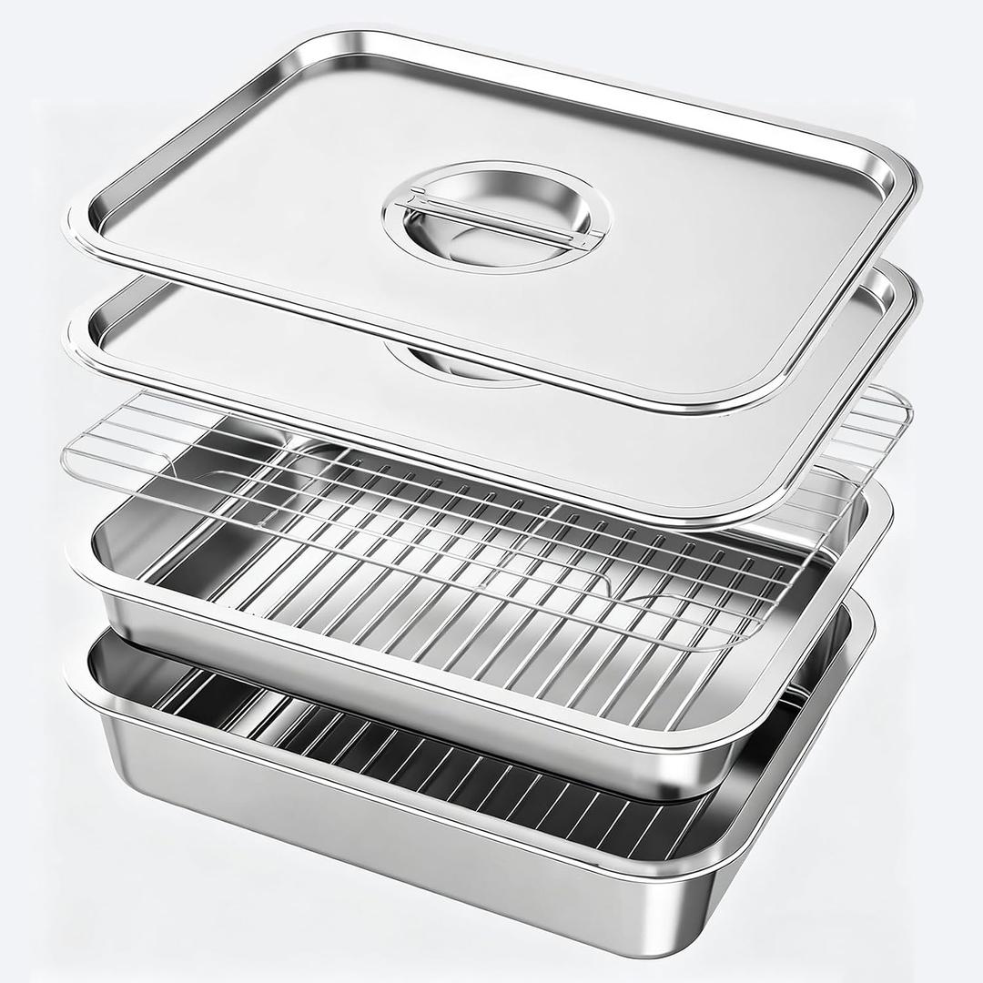 Grill Prep & Serve Tray Set with Lids 5-Piece Grill Carry System | Food Prep System for Marinating, Carrying & Serving, Stainless Steel BBQ Trays for Raw & Cooked Food Separation