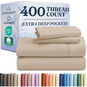 Extra Deep Pockets 400 Thread Count 100% Cotton 4 Piece King Size Bedding Sheet Set - Breathable & Cooling - Hotel Luxury Bed Sheets Set - Extra Soft, Wrinkle Free & Comfy Cream Bedding Sheets Set