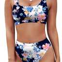 Pink Queen Women's Crop Top High Waisted Cheeky Bikini Set Two Piece Swimsuits (S, Floral Navy Blue)