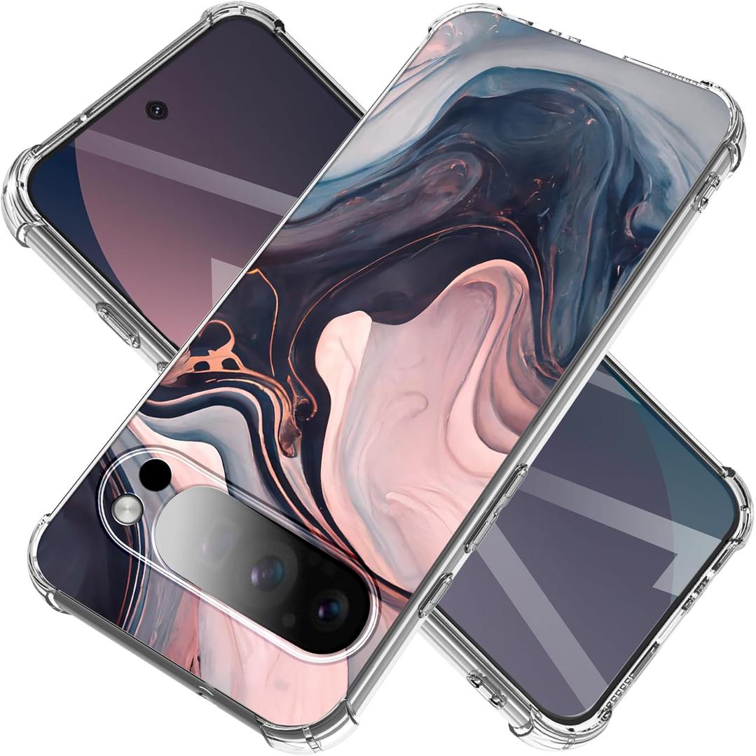 for Google Pixel 9 Pro Case Camera Lens Protector, [Marble Slim]+[Anti-Drop Shockproof Protective] Soft TPU Women Stylish Pixel 9Pro Phone Covers 2024 6.34 Inch (Night)