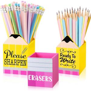 Wooden Pencil Holder for Teach Must Haves Classroom Essentials, Pencil Dispenser for Classroom Must Haves Organization, 3-Piece Dull And Sharp Pencil Parking Eraser Buckets(Classic)
