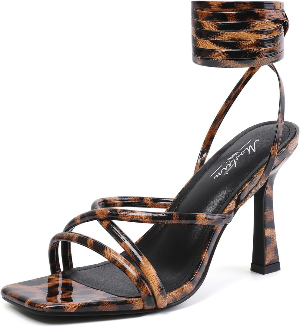 Mostrin Womens Sandals Strappy Heels for Women Lace Up Square Open Toe Heels Tie Up High Heeled Sandals for Prom, Party, Daily Wear, 40.5